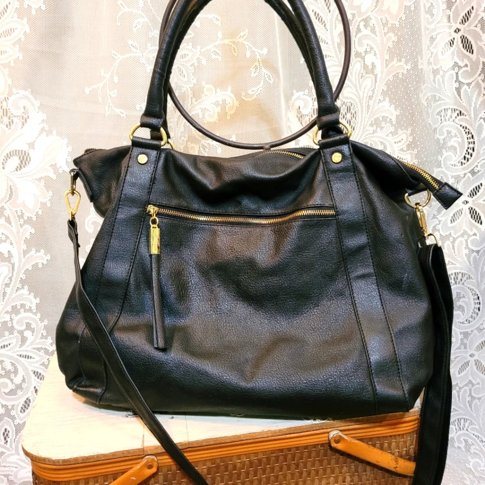 Steve Madden Large Black Leather Tote With Tassels - Picture 6 of 12